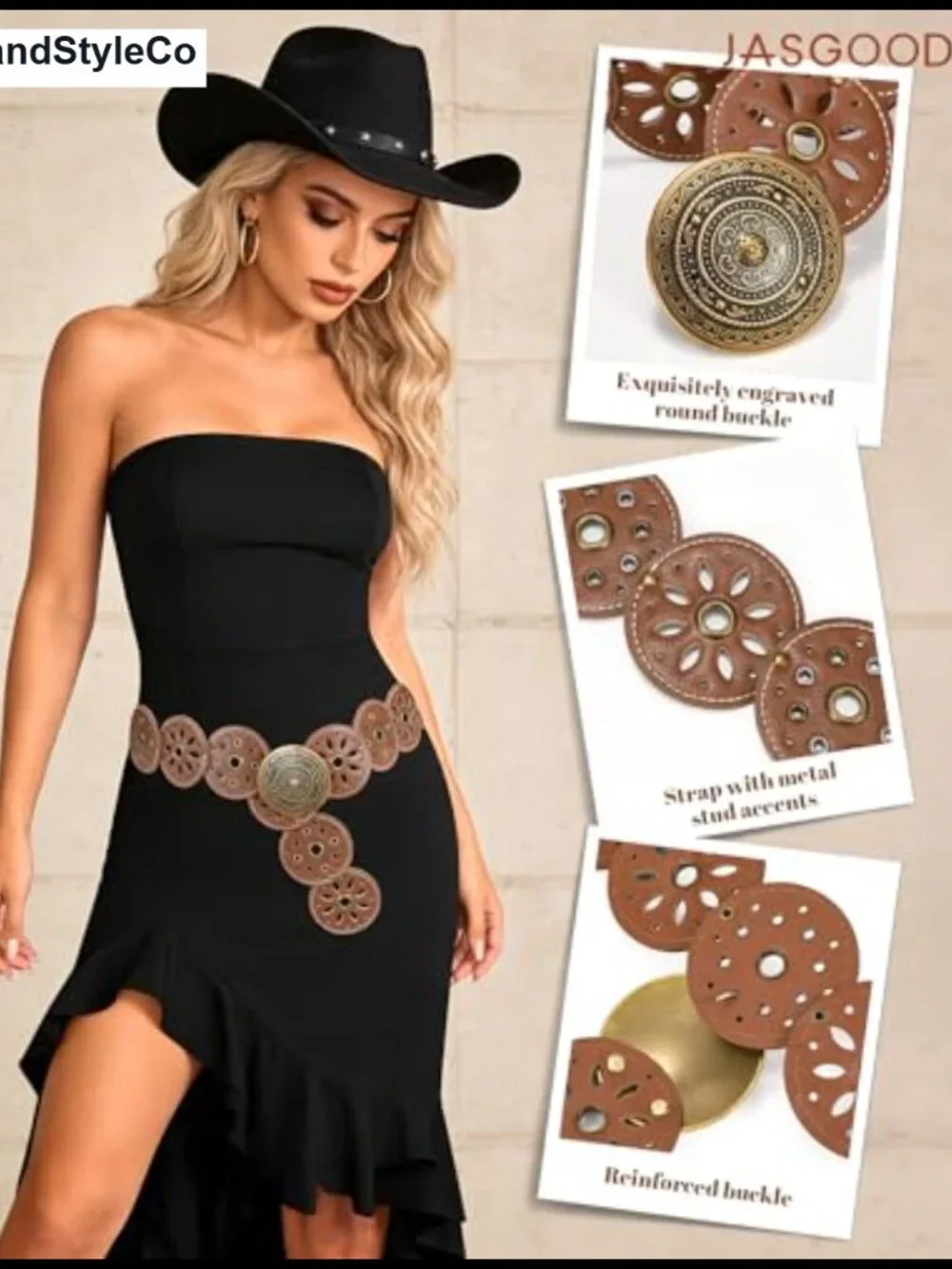 Women's Western Cowgirl PU Leather Disc Belt with Rotating Discs, Boho Concho